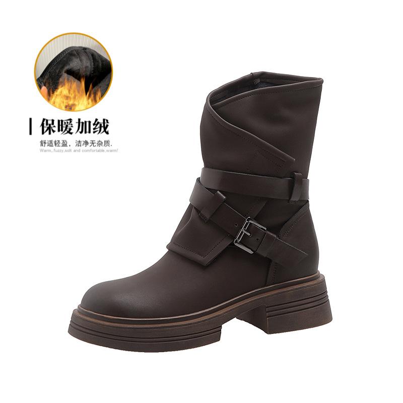 New spot short boots women's 2025 autumn and winter new inner height increase Martin boots women's boots retro belt buckle thick heel western
