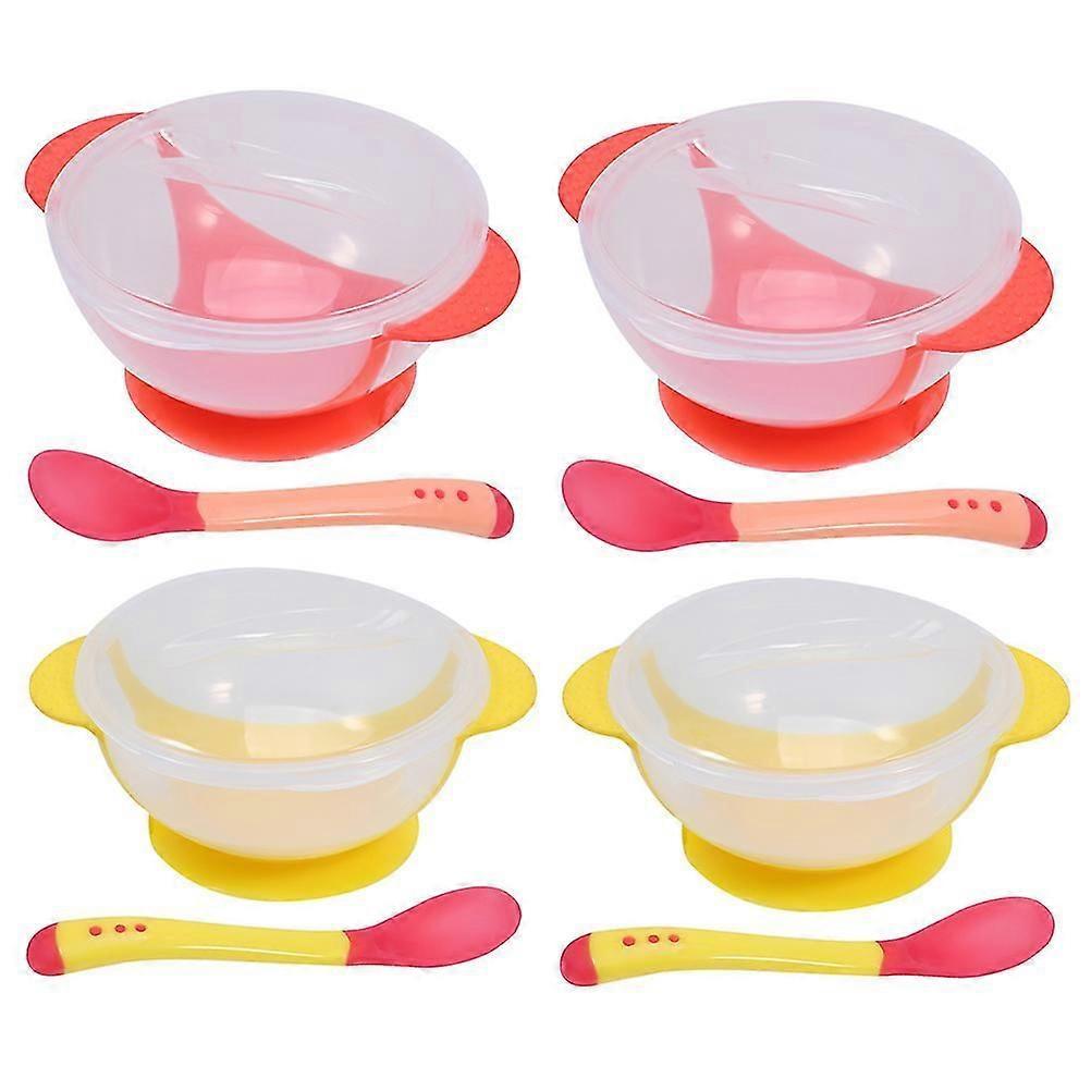 8pcs/ 4 Sets Baby Suction Bowl Infant Training Bowl With Heat Sensitive Spoon