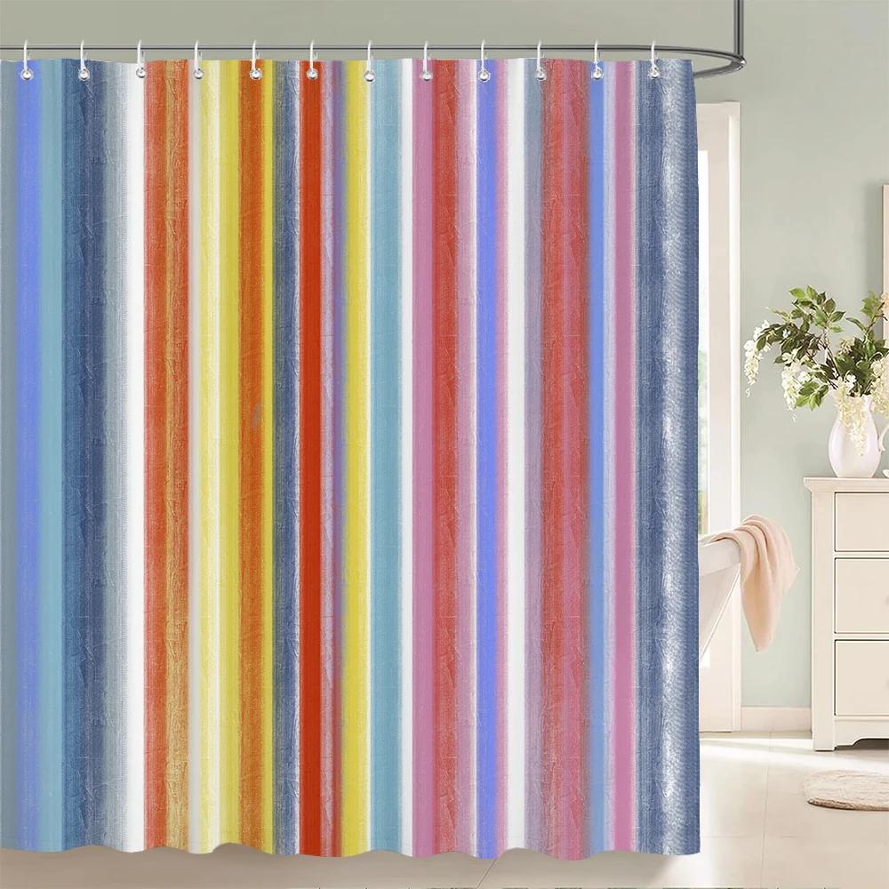 1 Pcs Shower Curtain Color Stripe Printed Bathroom Curtain Polyester Cloth Waterproof Home Decoration Curtain with Hooks