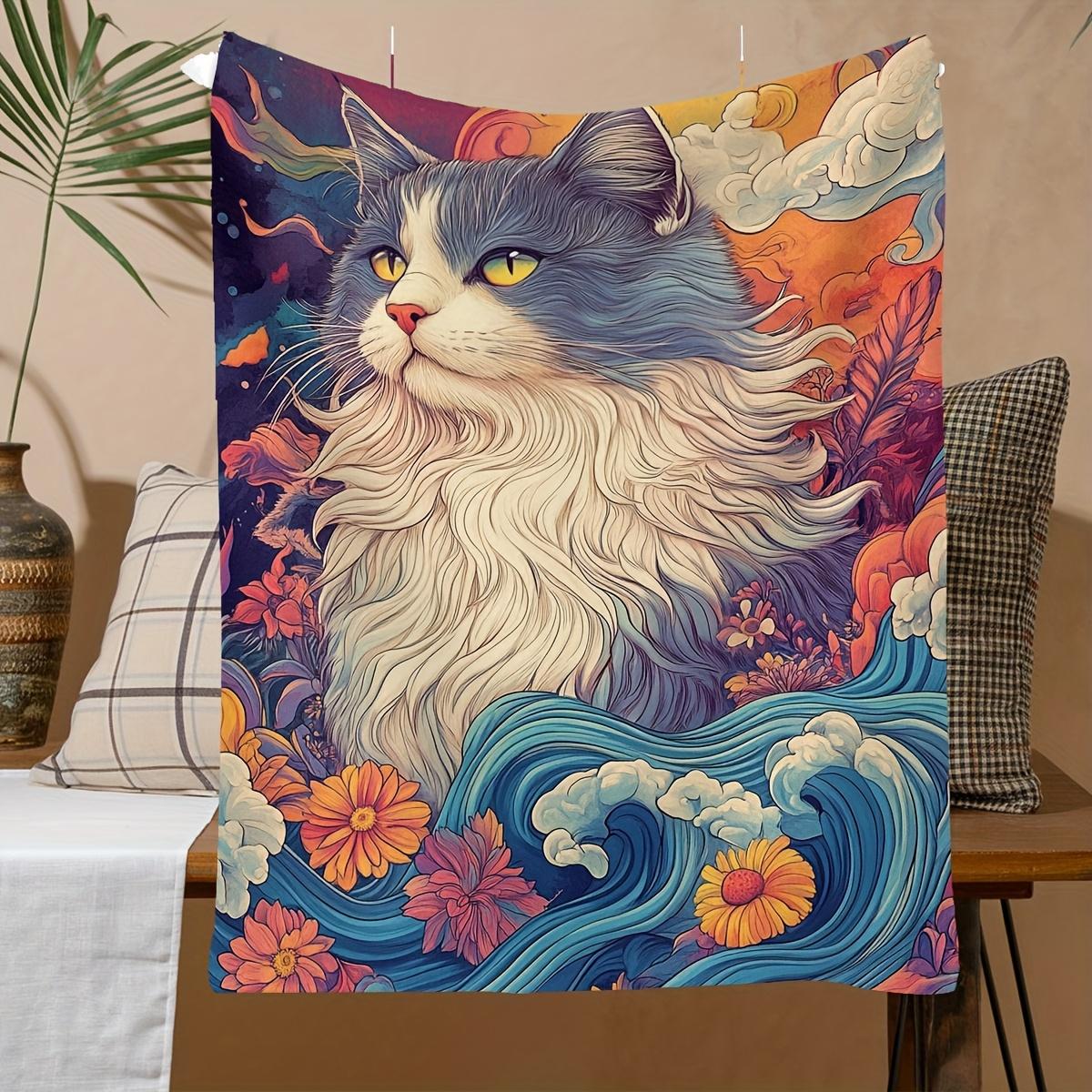 

Artistic Cat Blanket - Soft Cozy Throw with Ocean Waves and Floral Design, Perfect for Home Decor, Unique Gift for Cat Lovers 75x90cm