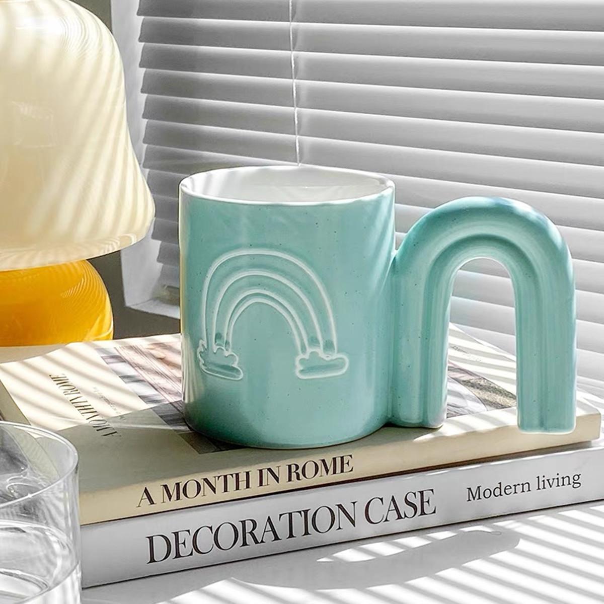 

Internet Celebrity Mug Ceramic Cup Creative Big Handle Rainbow Drinking Water Drinking Coffee Cup 401-500ml зелений