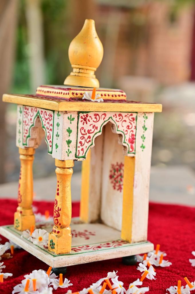 Embossed Painted Wood Mandir: Antique Finish Wall Shrine
