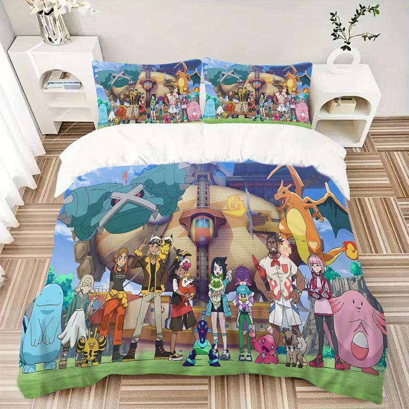 Pokmon Anime Adventure Printed 3pcs Bedding Set Soft Microfiber 1 Duvet Cover And 2 Pillowcases Home Bedroom Decor Xmas Gift Q1137