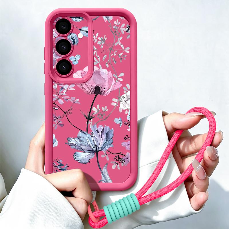 Luxury Flowers Print Lanyard Case For Samsung S26 FE A18 S25 S24 S23 S22 Ultra A54 A55 A16 A26 A36 A56 A17 A27 A37 A57 5G Bumper Cover