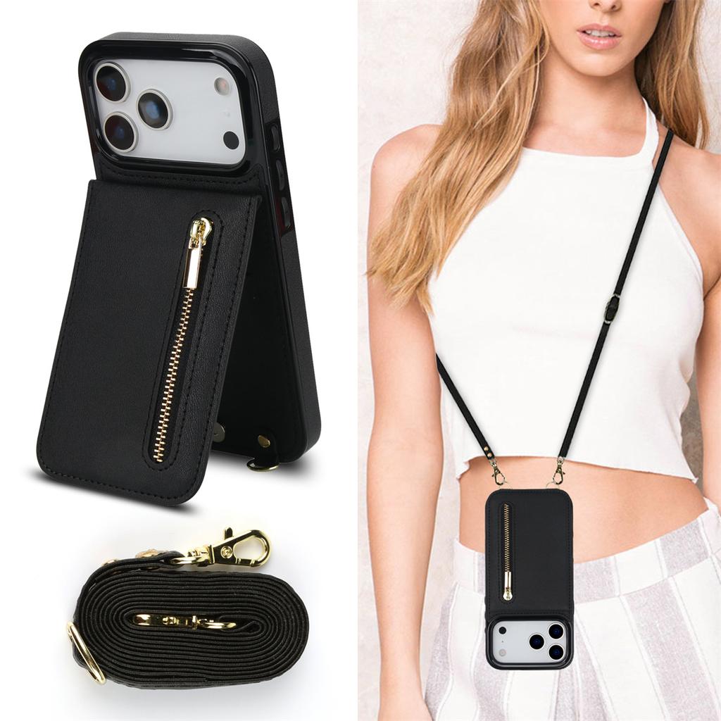 Crossbody Zipper Wallet Card Holder Leather Phone Case for 16 Pro Max 17 Air 16E 15 14 Plus 13 12 11 XR XS Bracket Cover