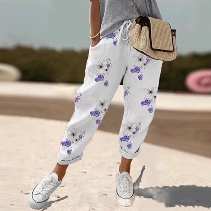 2024 European & American Style Print Cotton Linen Casual Pocket Long Pants