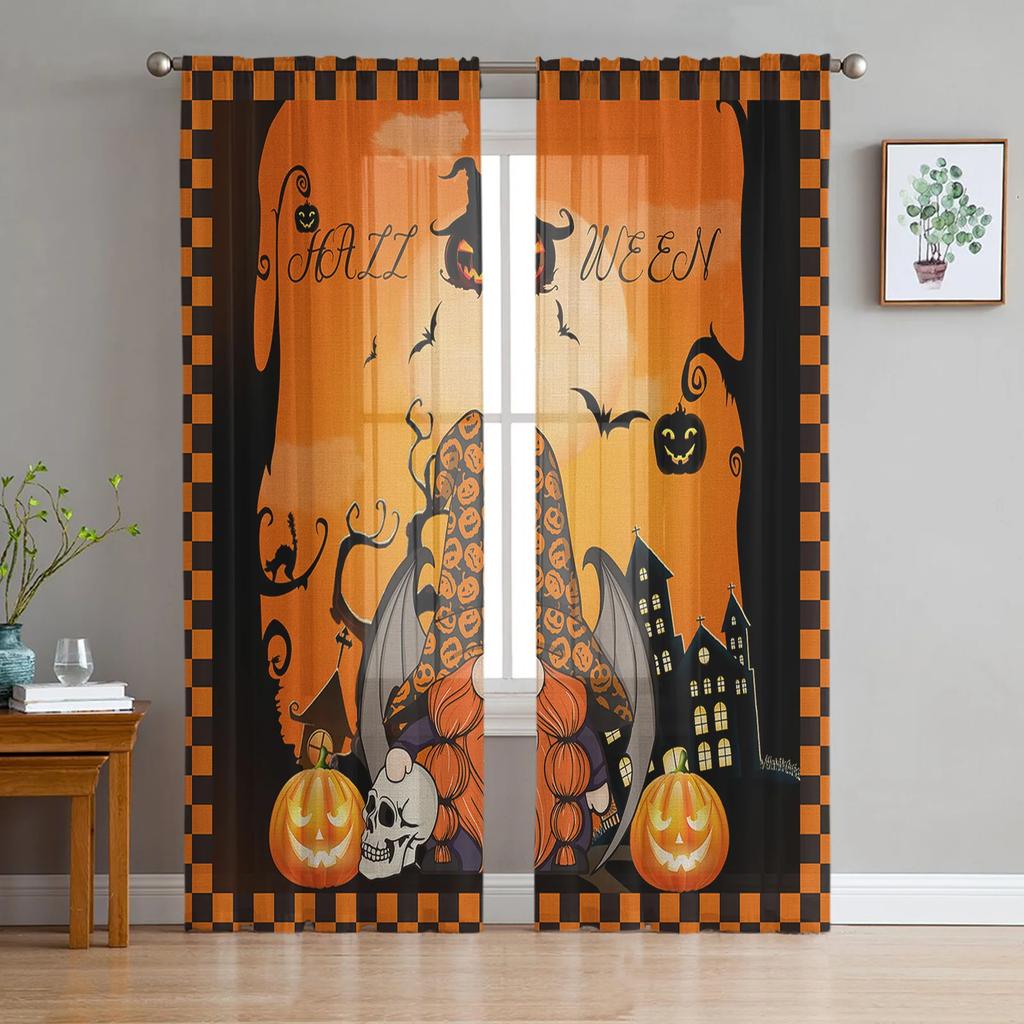 Halloween Bat Pumpkin Curtain Window Tulle Living Room Bedroom Kitchen Chiffon Treatment Decorations Curtains Light Filtering Polyester Sitting