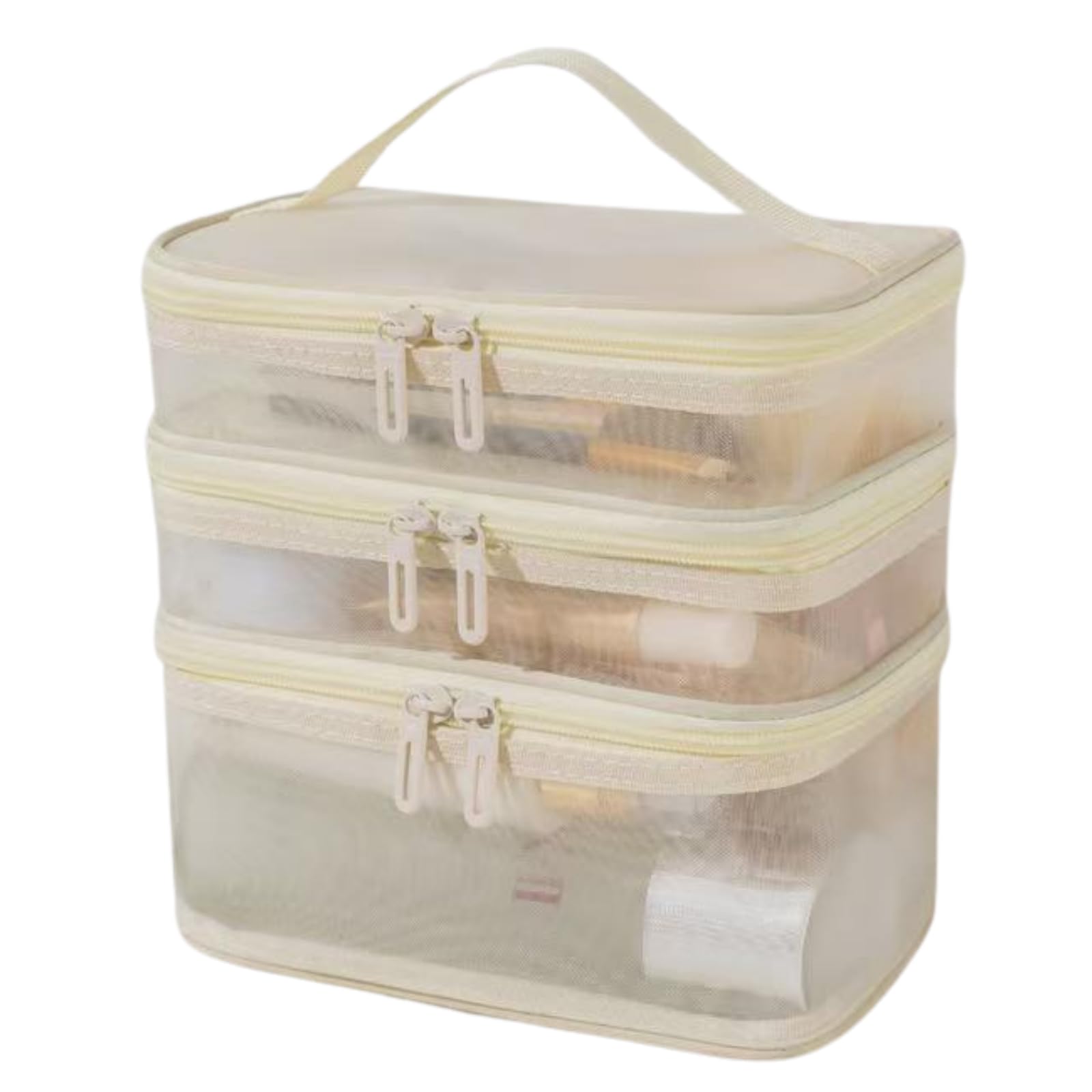 

ideamall 3-Tier Makeup Pouch, Vanity Cosmetic Box, Large Capacity Storage, Travel Mesh (Ivory)