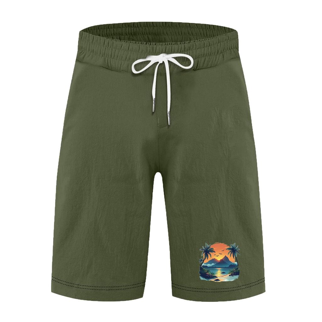 Men’s Casual Loose Fit Drawstring Waist Shorts with Hawaiian Beach Print Relaxed Linen Blend Summer Athletic Pants