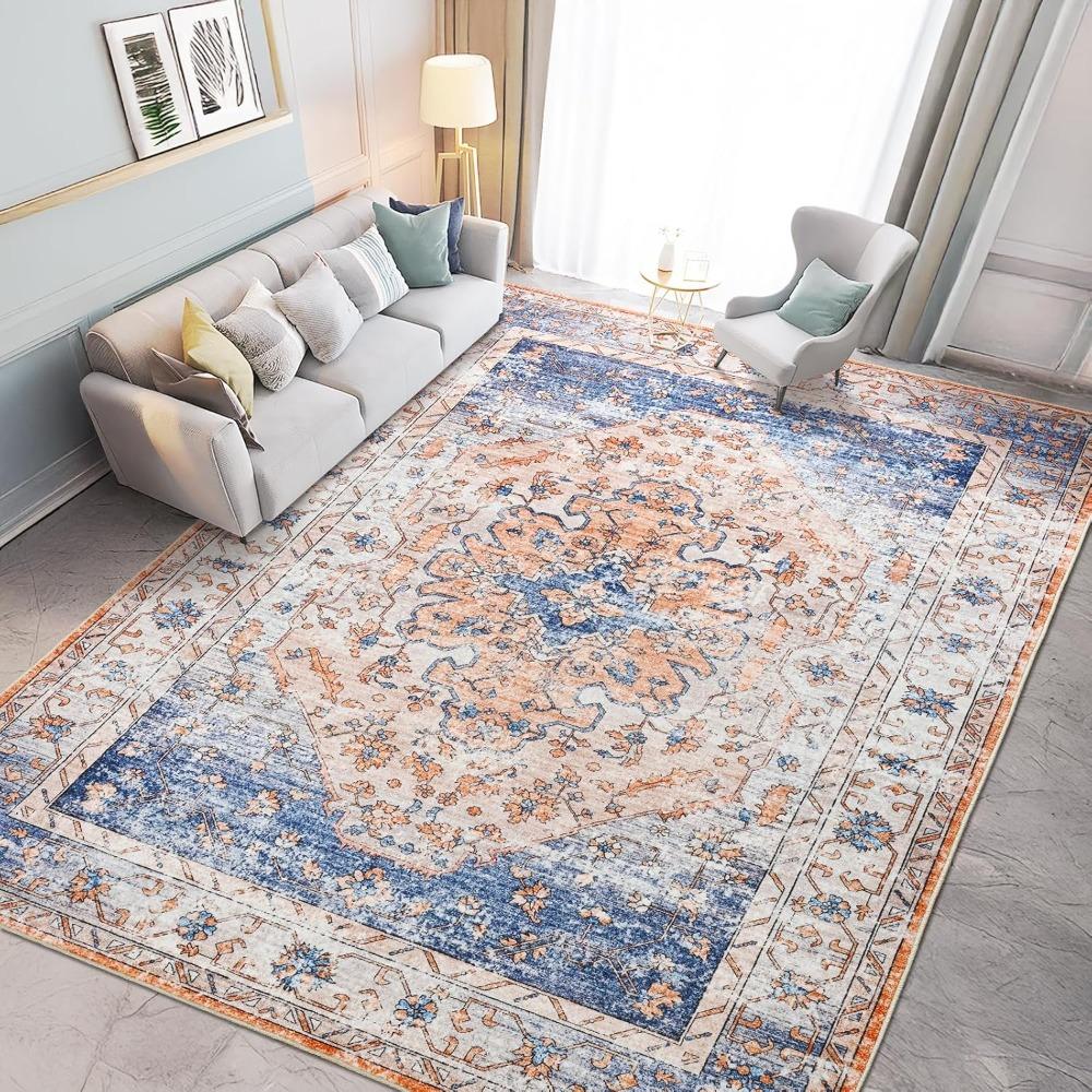 Large Area Rugs for Families: Stain-Resistant, Non-Slip, Washable Carpet for Living Rooms In Blue