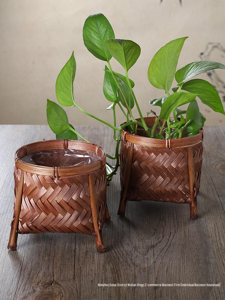 Bamboo Weaving Decorative Flower Pot Cover and Arrangement Basket - Handmade Retro Vase and Green Dill Storage