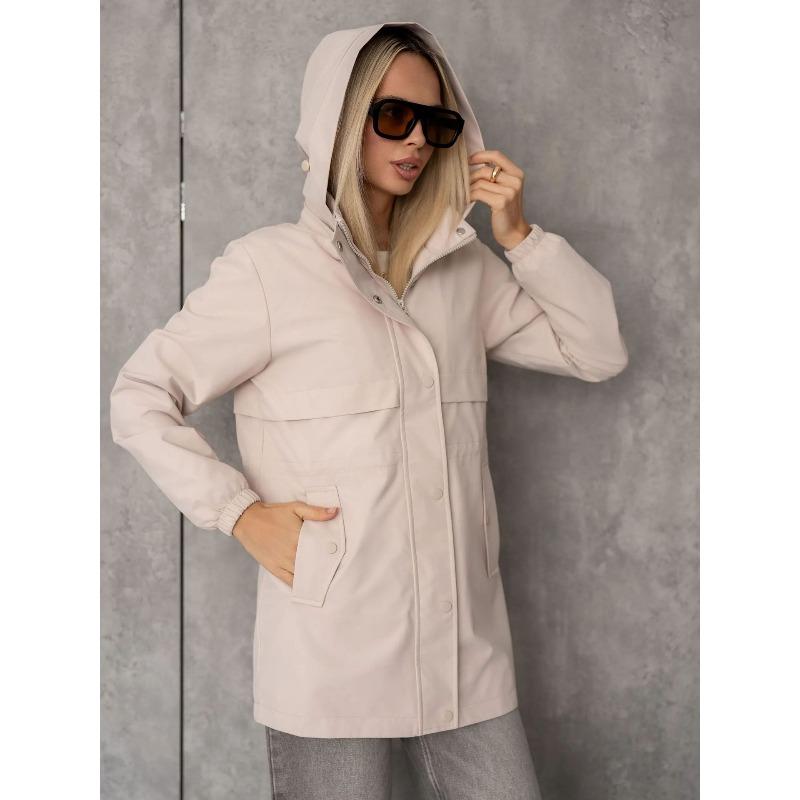 Chaqueta con capucha para mujer Cintura con cordón Botones a presión Cremallera Manga larga Bolsillos Cortavientos Longitud media Gabardina