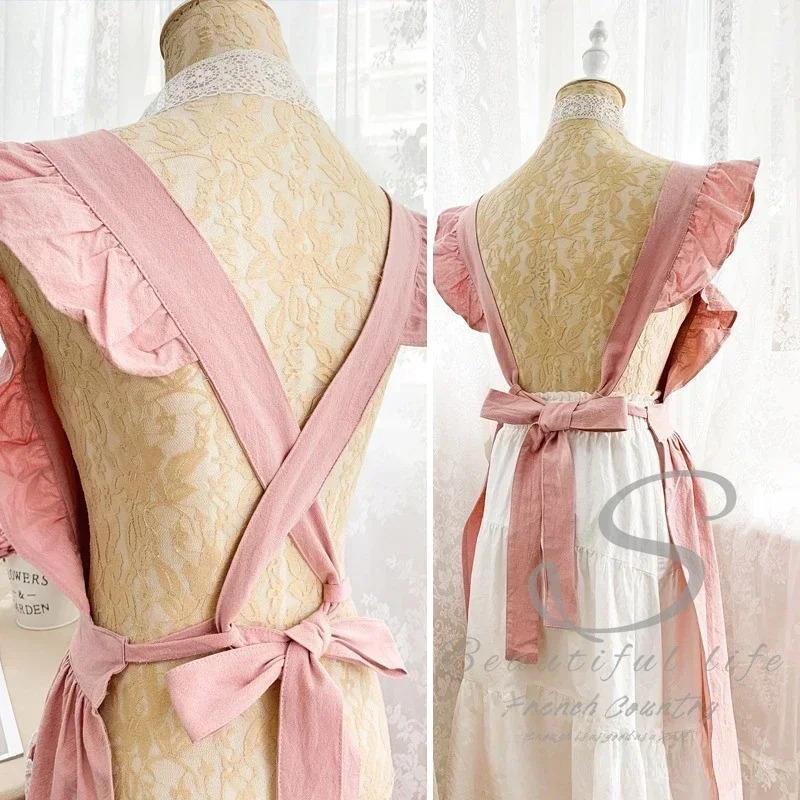 Vintage Fashion Cotton Linen Apron Dress with Ruffled Sleeves and Lace Detailing