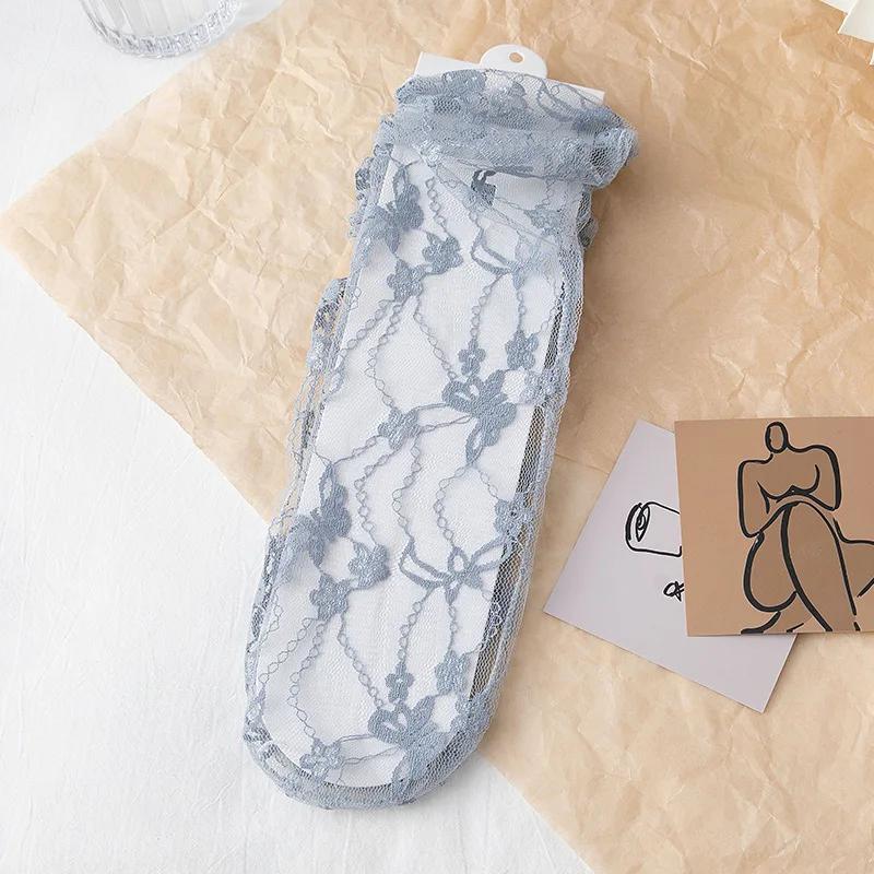 Black Floral Mesh Lace Medium Socks Women'S Sexy Hollow Stockings Japanese Lolita Charm Girls White Princess Hosiery Sox