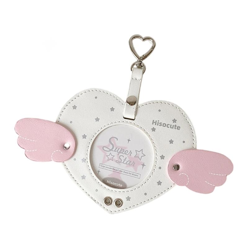 

Angel Wing Heart Shape Card Cover PU Leather Badge Protector With Strap and Metal Clip For Photo Card Picture Storage белый
