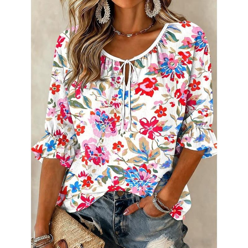 Women's White Multicolor Floral Print Tie Neck Blouse, Casual Loose Tops for Spring Summer Daily Wear Vacation Occasions