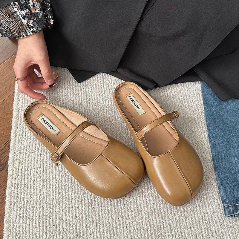 Baotou Half Slippers Women's Summer Wear 2025 Korean Version of Round Head Fashion Niche Soft Leather Flat Bottom Gentle Versatile Grandma Shoes