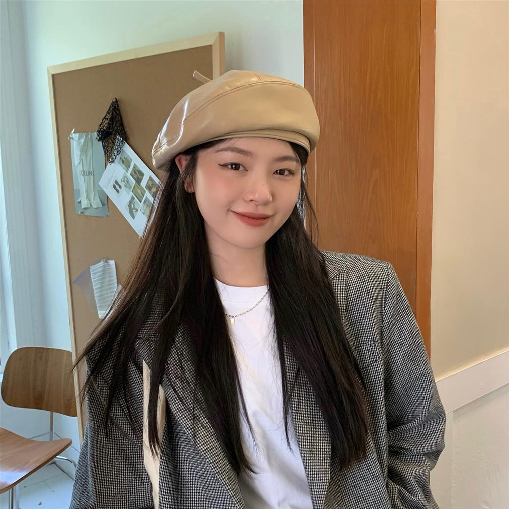 British Leather Beret Hat for Women Versatile Autumn and Winter Large Head Circumference Small Face Small Painter Hat  Literary Retro Trend