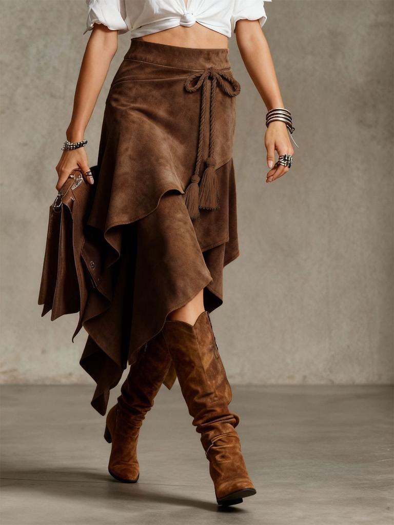 Polyester Aline Midi Skirt With Wrinkle Texture For Casual Travel And Dating