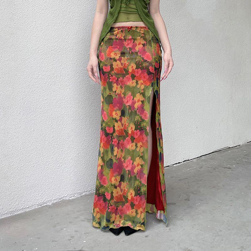 

Ретро Квіткова Сітчаста Напівдовга Довга для Жінок з Високим Розрізом Сексуальна Гаряча Дівчина Спідниця, що Прикриває Сідниці S бежевий