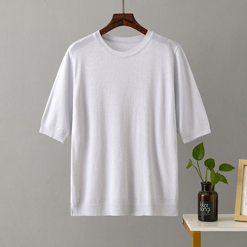 Sommer Damen Helles Seide Kurzarm Einfarbig Locker Dünn Rundhals Vielseitiges Halbarm Strick-T-Shirt