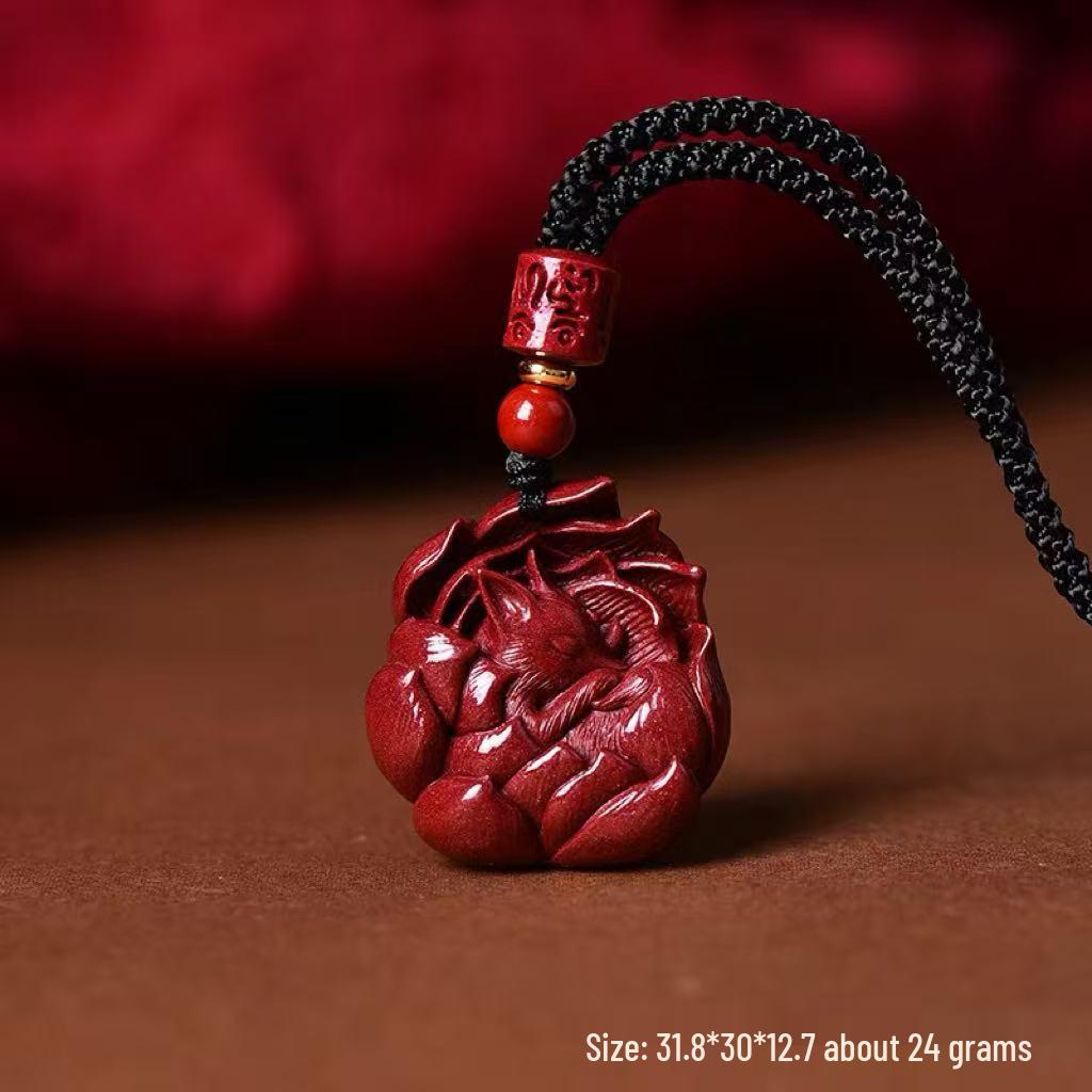 Cinnabar Zisha Red Nine-Tailed Fox Pendant Necklace & Keychain Charm