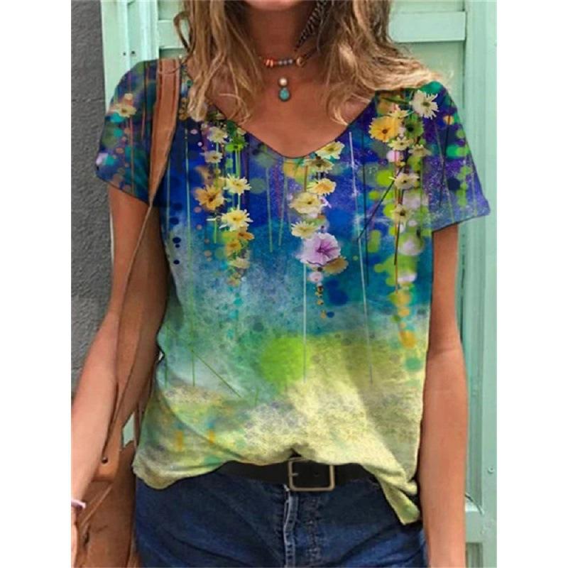 Ladies' Casual Summer Pullover V-neck T-shirt with Floral 3D Printing Short Sleeved Loose Women's Top T-Shirts Women’s