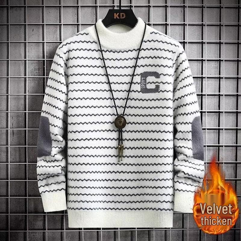 Men s High-End Striped Sweater: Teen Plus Velvet Knit, Thickened Half-High Collar Woolen Knitwear XL белый