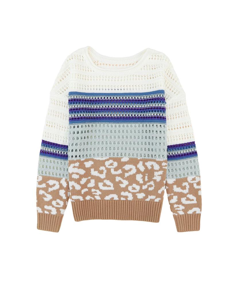 Azura Exchange Leopard Striped Mix Pattern Knit Crochet Sweater