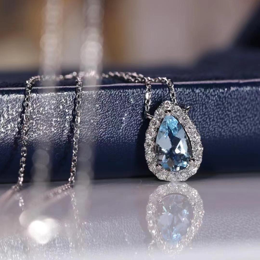 

Свіже та блискуче Намисто Аквамарин для жінок Елегантний світло-блакитний кулон у формі краплі води Кольє-ланцюжок Весільні прикраси 45cm