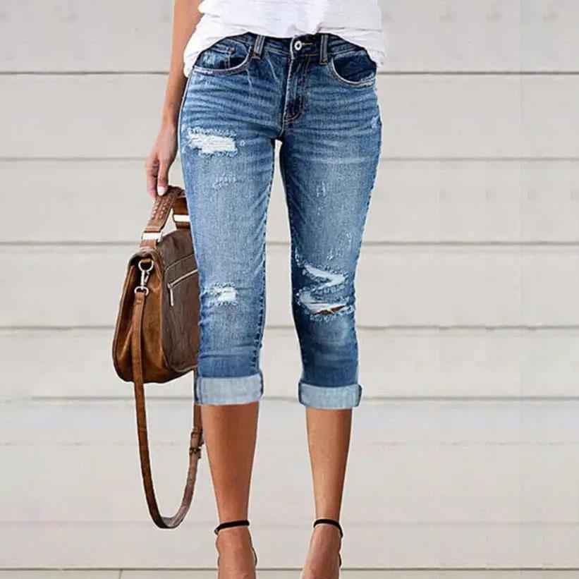 Female Clothing Casual Bottom Jeans Capris Pants for Women Fashion Elegant Ripped Low Waist Capris Denim Skinny Pants