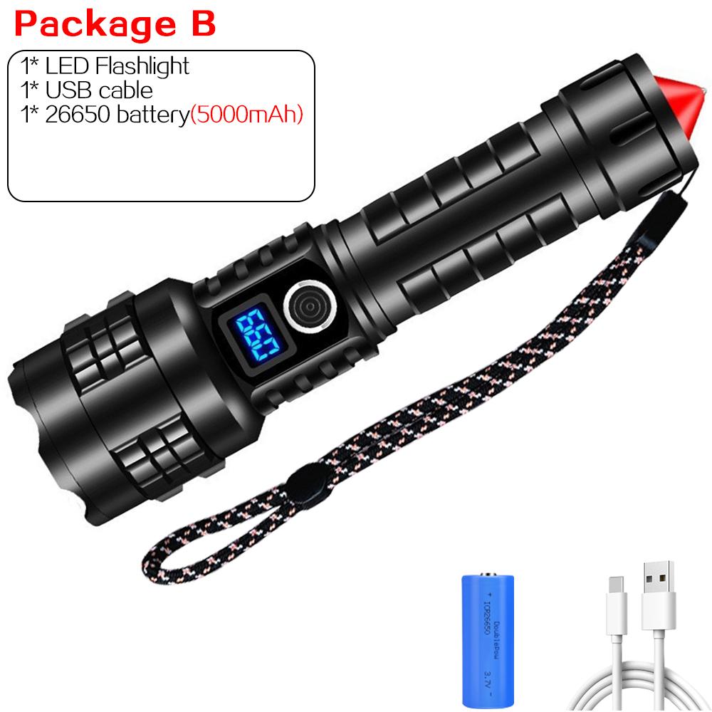 Powerful LED Flashlight Zoomable Torch Type-C Rechargeable Camping Lantern 5Modes Outdoor 26650 Power Bank Lights
