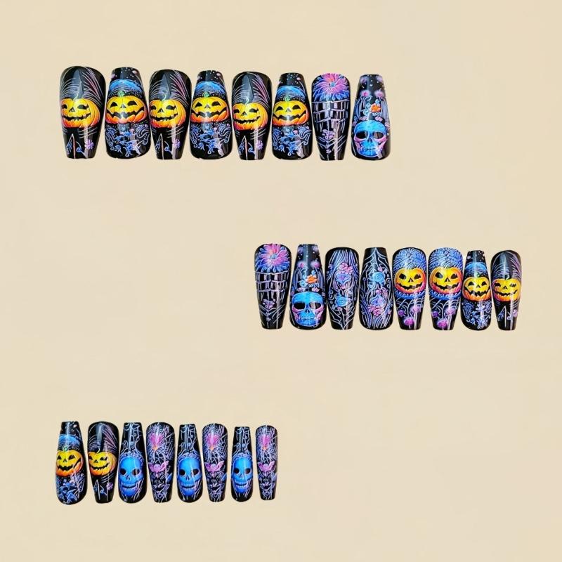 24 Pieces Halloween Nail Art Set Gothic Pumpkin Skeleton Detachable Artificial Nail ABS Material for Parties