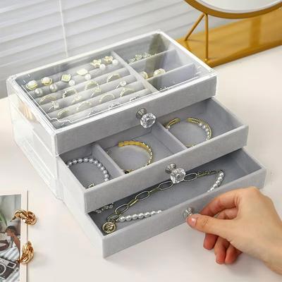 Acrylic Three-layer Flannelette Jewelry Box Earring Ring Necklace Storage Organizer Dustproof Drawer Style Accessories Case