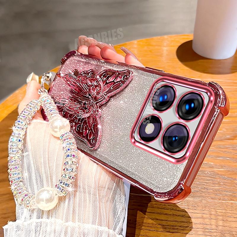 Xiaomi14t Lanyard Plating Butterfly Holder Silicone Case For Xiaomi Mi 14t Pro 13t Mi13t Mi14t Shockproof Stand Cover Mi14tpto