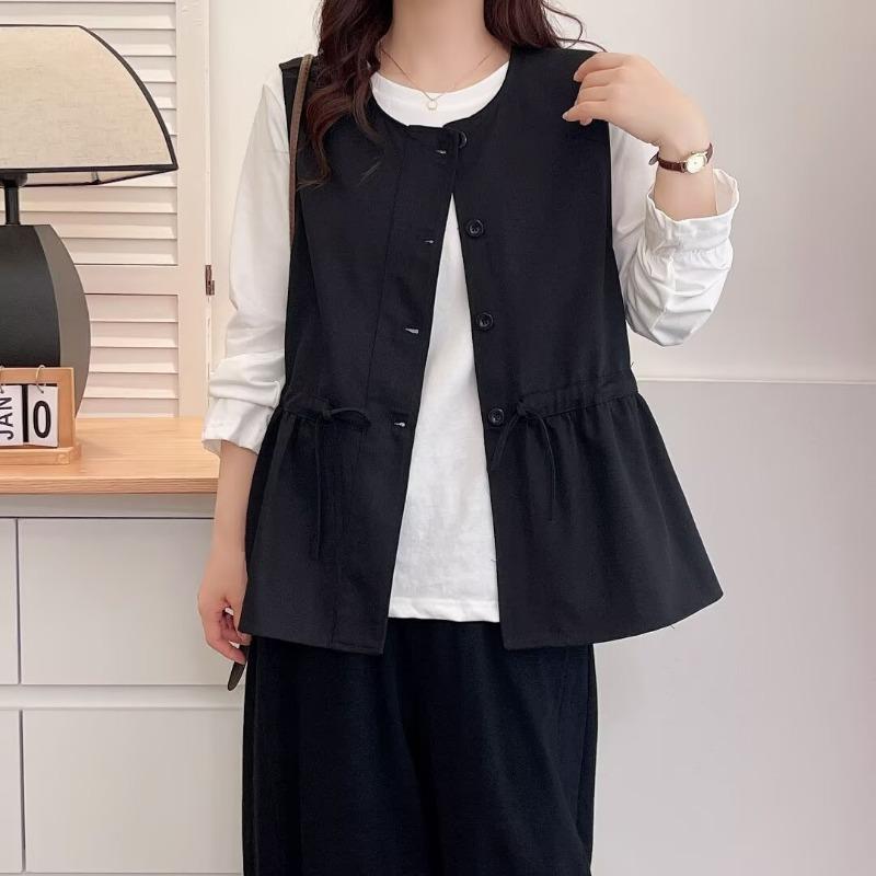 Plus Size Women Casual Solid Waist Cinching Sleeveless Vest Cardigan