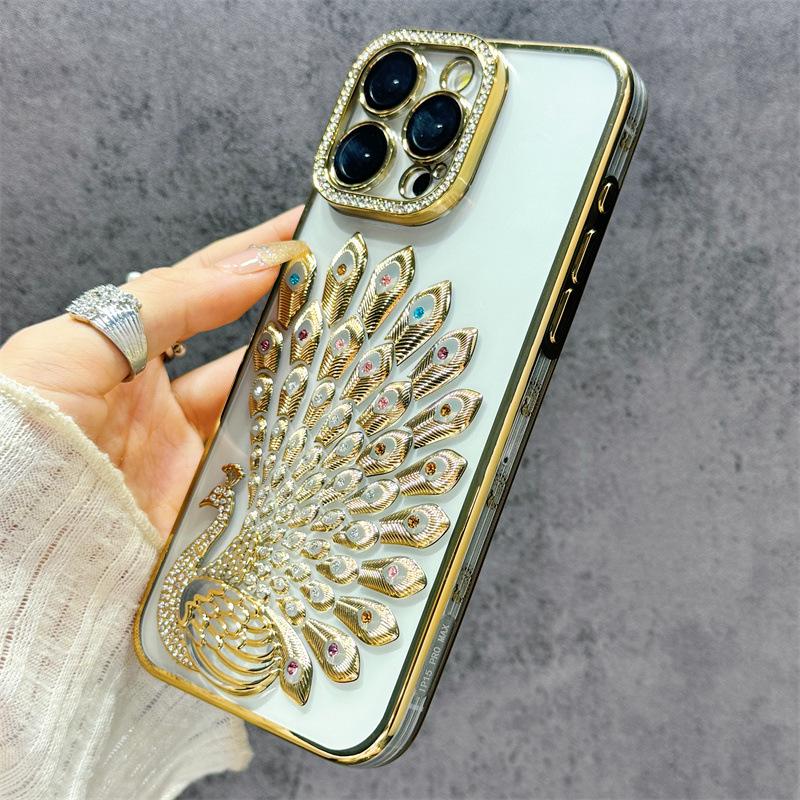 Electroplated Peacock Rhinestone Case for iPhone 15/16/17 Pro Max