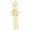 Damen Halter Ärmellos Maxikleid Figurbetont Hohe Taille Durchsichtige Spitze Raffung Hoher Schlitz Urlaubs-Party Langkleid