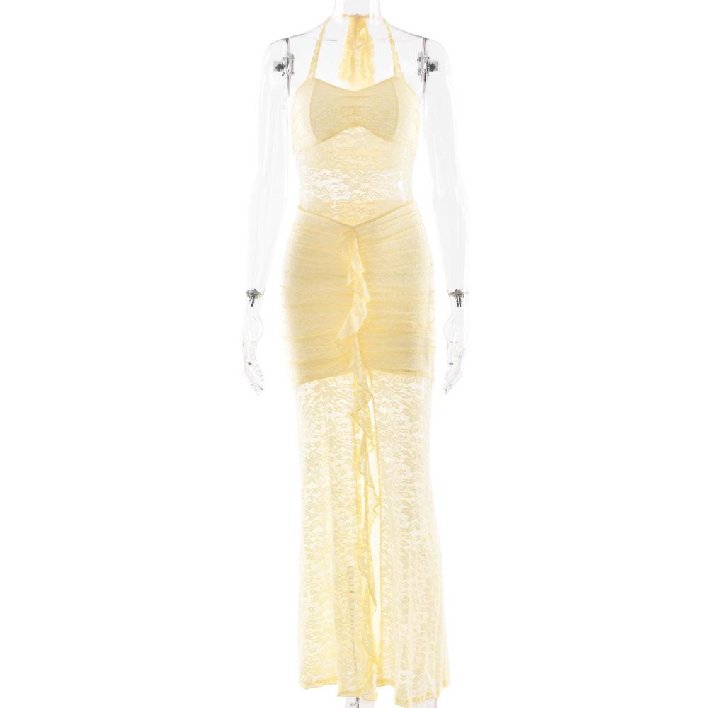Damen Halter Ärmellos Maxikleid Figurbetont Hohe Taille Durchsichtige Spitze Raffung Hoher Schlitz Urlaubs-Party Langkleid