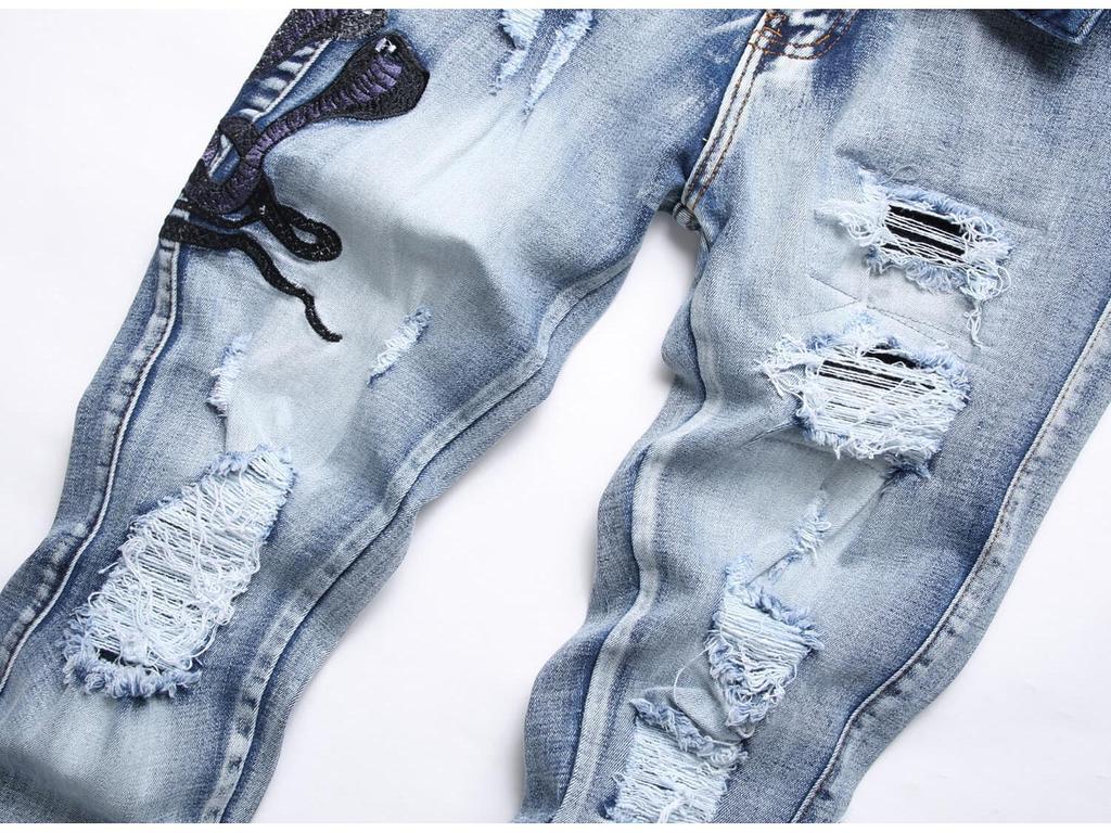 Europejskie Niebieskie Dżinsy Męskie Slim-Fit z Haftem Kobry