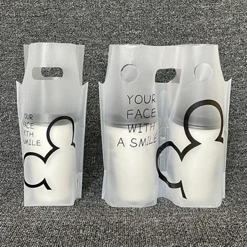 200PCS Cartone animato Sacchetto per tazza singola Sacchetto per tazza doppia Sacchetto per imballaggio di tè al latte Sacchetto per asporto Tipo di maniglia Bevande Confezione di plastica