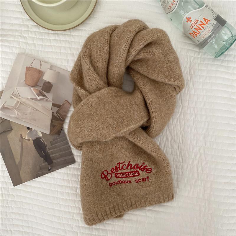 Korean Version Embroidered Bow Knitted Scarf Women's Autumn and Winter Warm Versatile Solid Color Wool Scarf Student Couple