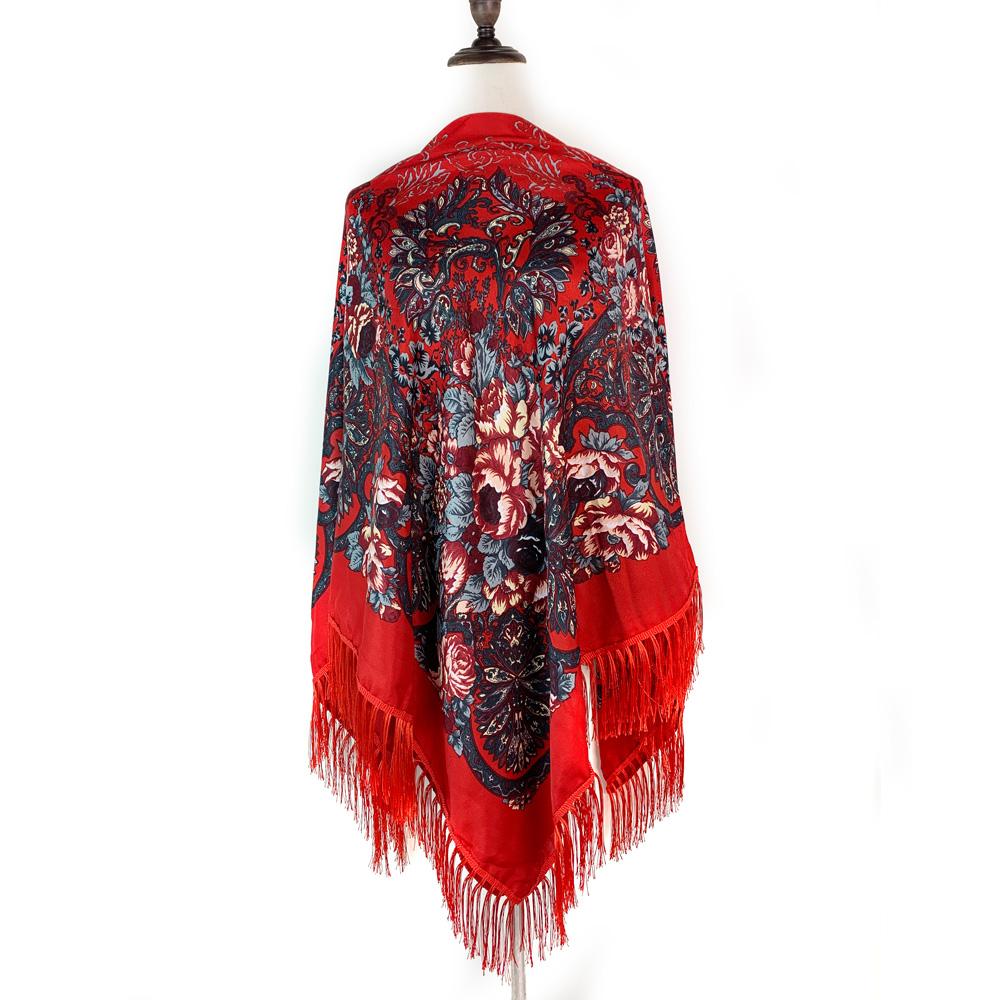 160*160cm Russian National Square Scarf Luxury Women Floral Print Ukrainian Shawl Retro Fringed Beach Travel Sunshade Shawls