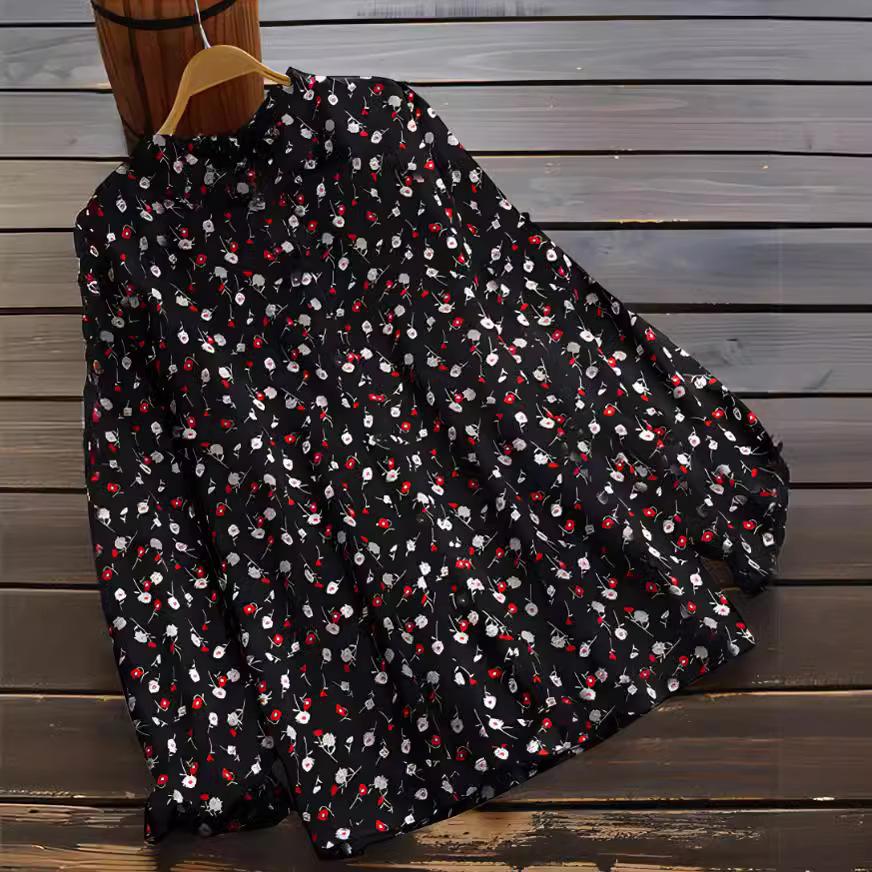 

QICED Осенне-зимняя рубашка с круглым вырезом и длинными рукавами с цветочным принтом и рукавами-фонариками XXXXL чёрный
