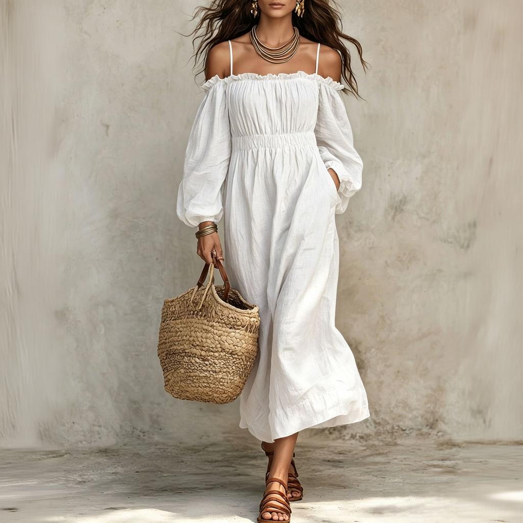 Women's Cotton Linen Off Shoulder Spaghetti Strap Ruffled Maxi Dress Loose Fit Vacation