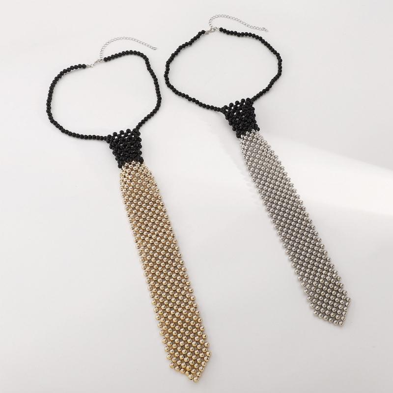 Elegant Tie Necklace with Sparkling Pearls for Formal Occasion Uniform Tie Punk Jeweled Necktie