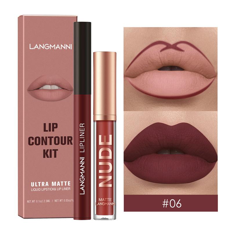 2-teilige Kombination aus Lippenkonturenstift und Lipgloss, wasserfest, langanhaltend, samtig, nackt, sexy, nicht klebender, matter Lippenstift, Lippenkonturenstift