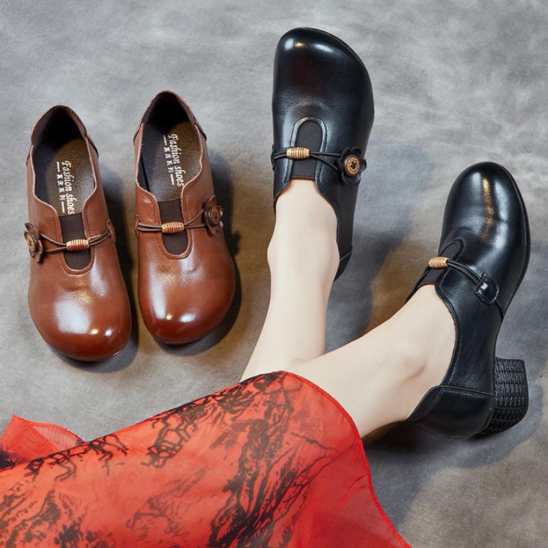 Johnature Echtleder-Pumps, Retro-Stil, runde Zehenpartie, dicker Absatz, weiche Sohle, einfarbig, vielseitige Damenschuhe