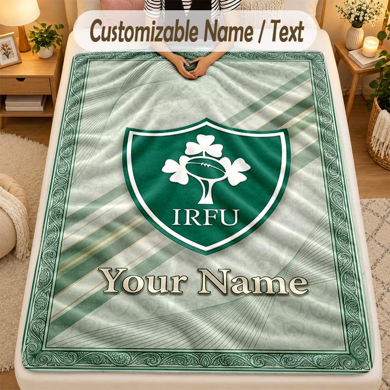 Flannel BlanketIreland Rugby Custom Name Text Personalized Soft Warm Throw Blanket Home Decor Gift