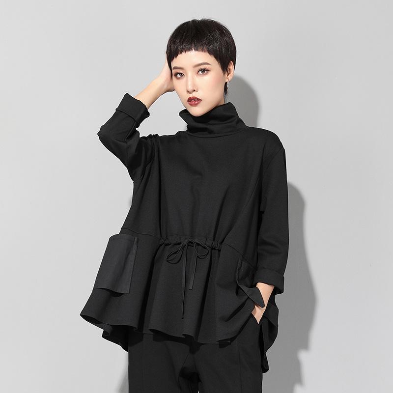 

Трендовый женский топ в европейском и американском стиле, темный, с длинными рукавами и кулиской на талии - весна/осень L (65-80kg) чёрный